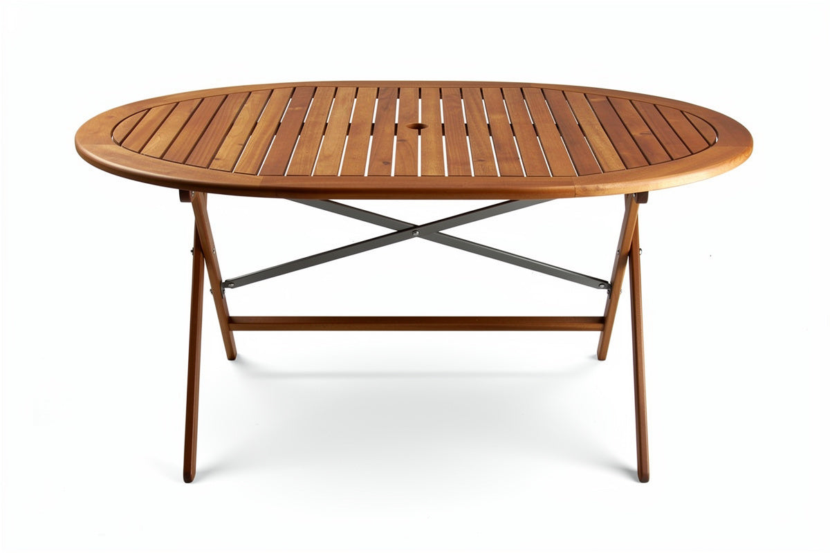 **Technische titel in het Nederlands: Opvouwbare ovale houten tuin tafel met metalen ondersteuning**