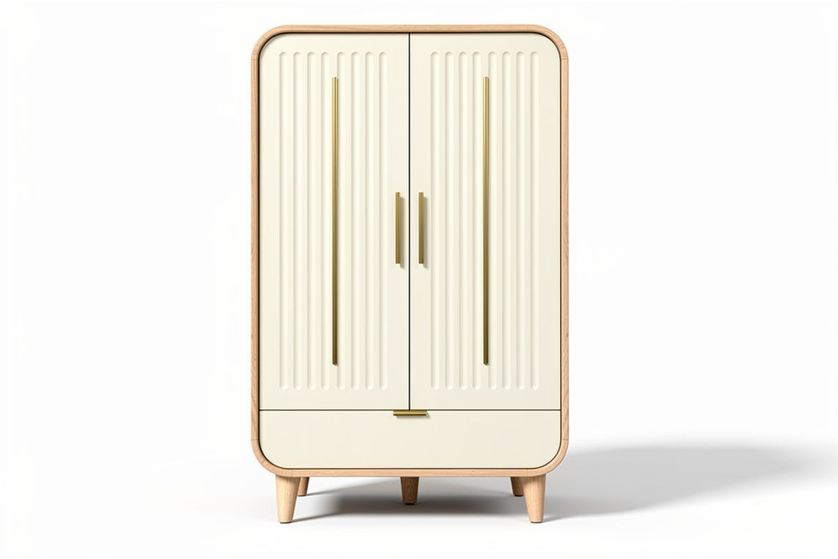 **Moderne opbergkast met design deuren en houten accenten**