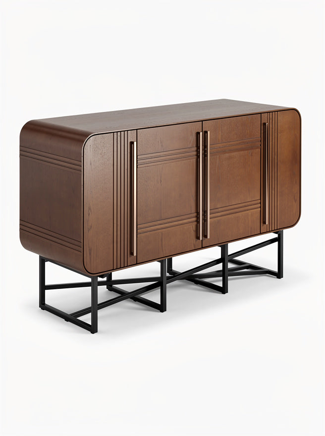 **Technische titel in het Nederlands: Moderne houten dressoirkast met metalen onderstel**