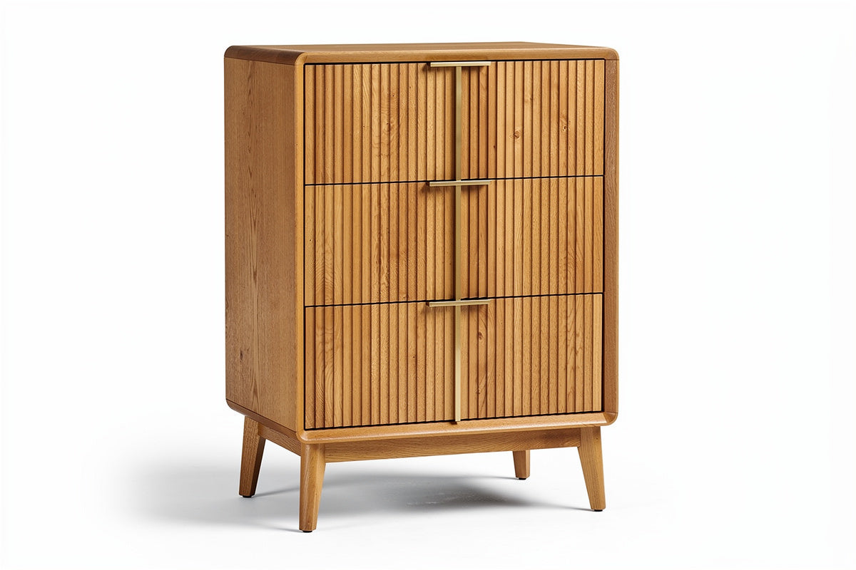 **Technische titel in het Nederlands:** Modern houten commode met gestructureerde fronten en metalen handgrepen