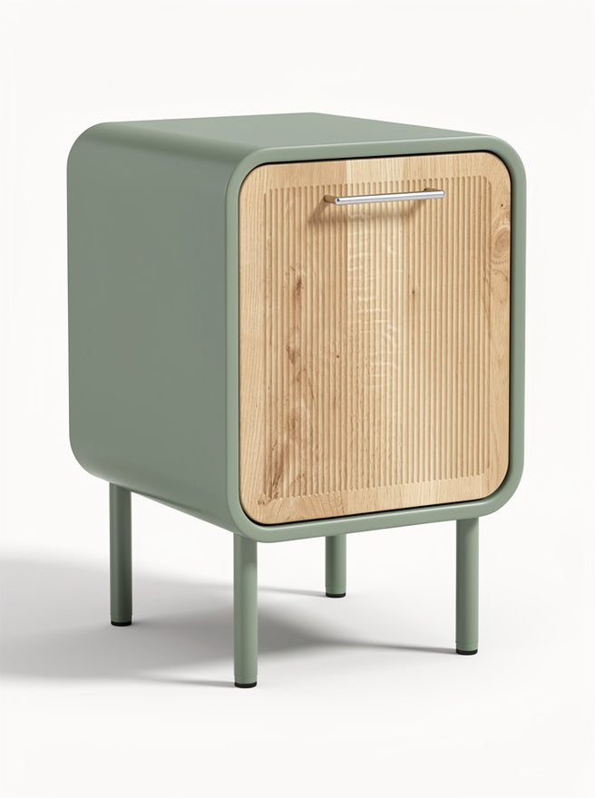 **Technische titel in het Nederlands: Moderne nachtkast met houten front en groene afwerking**