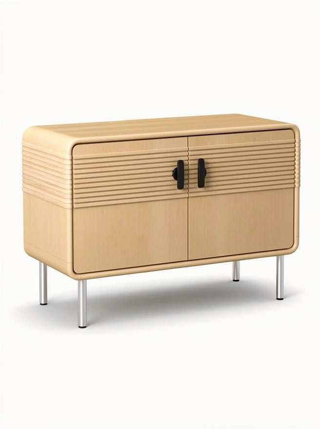 **Technische titel in het Nederlands: Modern houten dressoir met gelamineerde deuren en metalen poten**